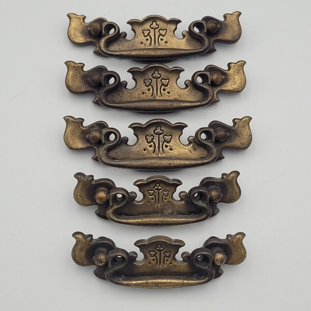 (5) VTG Batwing Brass Drawer Pulls ~2 Sizes~Clover Leaf Design Cottage Cabin